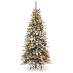 7.5 Ft. Pre-Lit Snowy Mountain Pine Slim Hinged Artificial Christmas Tree, Clear Lights