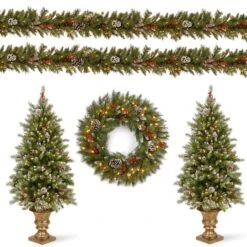 5-Piece Pre-Lit Frosted Berry Artificial Christmas Entrance Trees, Garland & Wreath -Christmas Designers Store D206300S 1 1