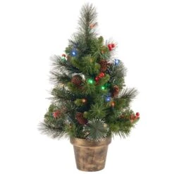 2ft. Pre-Lit Silver Bristle, Pinecones, Red Berries & Glitter Crestwood Spruce Artificial Christmas Tree In Bronze Pot, Multicolor LED Lights