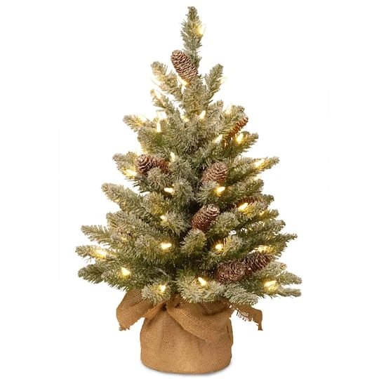 2ft. Snowy Concolor Fir Small Artificial Christmas Tree In Burlap With Snowy Cones, Warm White LED Lights 3 2ft. Snowy Concolor Fir Small Artificial Christmas Tree In Burlap With Snowy Cones, Warm White LED Lights