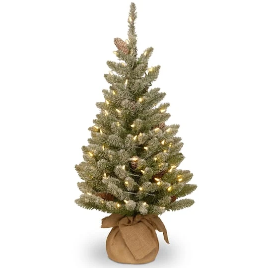 3ft. Snowy Concolor Fir With Snowy Pinecones Artificial Christmas Tree In Burlap Base, Warm White LED Lights 3 3ft. Snowy Concolor Fir With Snowy Pinecones Artificial Christmas Tree In Burlap Base, Warm White LED Lights