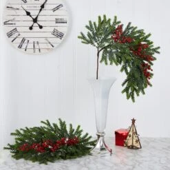 34" Pine & Berries Artificial Hanging Plant Set -Christmas Designers Store D251223S 4