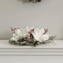 17" Frosted Magnolia & Berry Artificial Arrangement Candelabrum -Christmas Designers Store D251229S 14