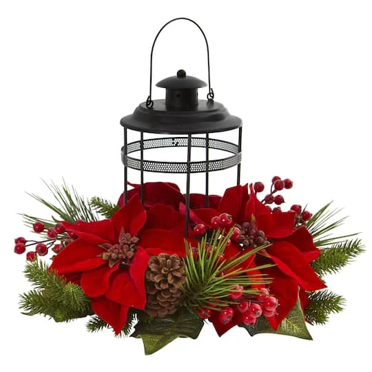 13" Poinsettia, Berry & Pine Artificial Arrangement Candelabrum 3 13" Poinsettia, Berry & Pine Artificial Arrangement Candelabrum