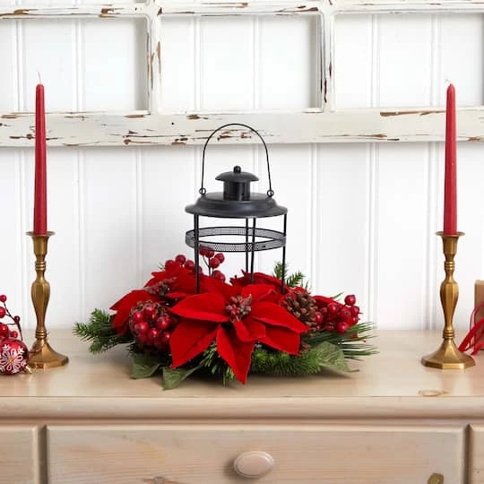 13" Poinsettia, Berry & Pine Artificial Arrangement Candelabrum 5 13" Poinsettia, Berry & Pine Artificial Arrangement Candelabrum - Image 3