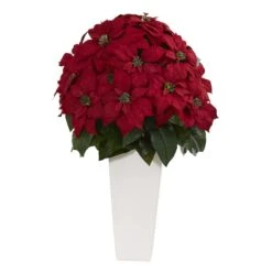 32” Poinsettia Artificial Plant In White Planter