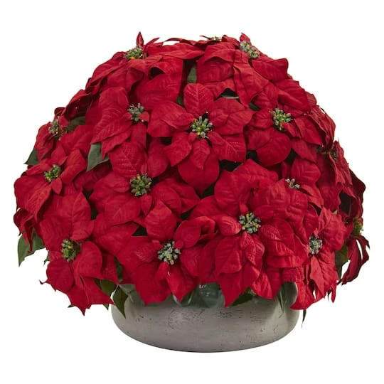 24" Large Poinsettia Artificial Plant In Stone Planter 4 24" Large Poinsettia Artificial Plant In Stone Planter - Image 2