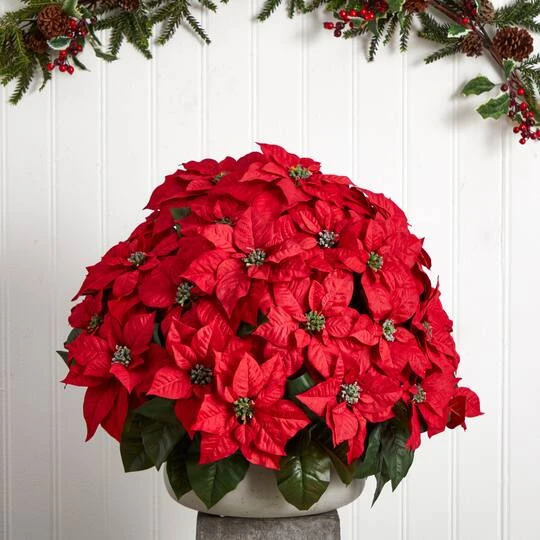 24" Large Poinsettia Artificial Plant In Stone Planter 6 24" Large Poinsettia Artificial Plant In Stone Planter - Image 4