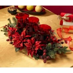 Poinsettia & Berry Triple Candelabrum Artificial Arrangement -Christmas Designers Store D251236S 15