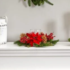 14" Poinsettia, Berry & Golden Pinecone Candelabrum Artificial Arrangement -Christmas Designers Store D251238S 13