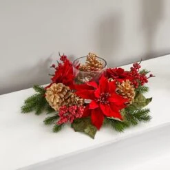 14" Poinsettia, Berry & Golden Pinecone Candelabrum Artificial Arrangement -Christmas Designers Store D251238S 14