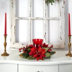 13" Poinsettia & Berry Candelabrum Artificial Arrangement 13 13" Poinsettia & Berry Candelabrum Artificial Arrangement -Christmas Designers Store D251239S 14