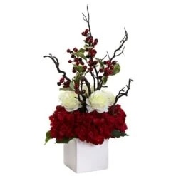 24" Potted Hydrangea, Rose & Berry Arrangement -Christmas Designers Store D252171S 11 1