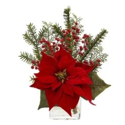 14" Potted Poinsettia, Pine & Berry Artificial Arrangement -Christmas Designers Store D252175S 11 1