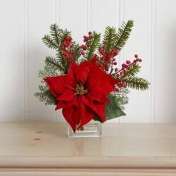 14" Potted Poinsettia, Pine & Berry Artificial Arrangement -Christmas Designers Store D252175S 13