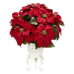 21" Potted Poinsettia With White Metal Planter