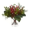 12" Berry, Pine & Boxwood Arrangement With Glass Vase -Christmas Designers Store D252179S 11
