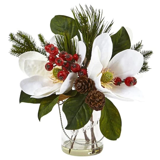 12" Magnolia, Pine & Berry Arrangement In Glass Vase 3 12" Magnolia, Pine & Berry Arrangement In Glass Vase