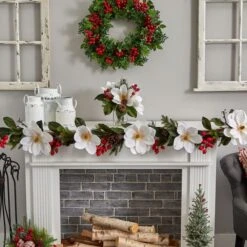 12" Magnolia, Pine & Berry Arrangement In Glass Vase 15 12" Magnolia, Pine & Berry Arrangement In Glass Vase -Christmas Designers Store D252180S 15