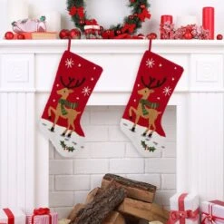 Glitzhome® 20" Red Reindeer Stockings, 2ct. 12 Glitzhome® 20" Red Reindeer Stockings, 2ct. -Christmas Designers Store D252891S 2