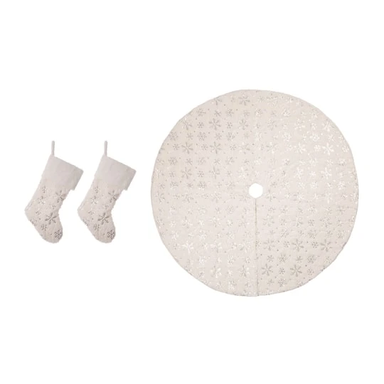 Glitzhome® White Plush With Snowflake Christmas Stocking & Tree Skirt Set 3 Glitzhome® White Plush With Snowflake Christmas Stocking & Tree Skirt Set