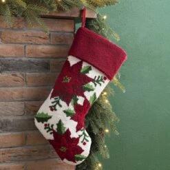Glitzhome® 21" Poinsettia Hooked Stocking -Christmas Designers Store D252944S 2