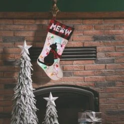 Glitzhome® Pre-Lit 21" Cat Embroidered Linen Christmas Stocking With LED Lighting -Christmas Designers Store D252951S 2