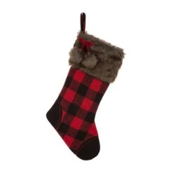 Glitzhome® 21" Fur Black & Red Buffalo Plaid Stocking -Christmas Designers Store D252954S 1 1