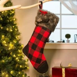 Glitzhome® 21" Fur Black & Red Buffalo Plaid Stocking -Christmas Designers Store D252954S 2