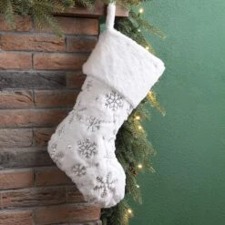 Glitzhome® 21" White Plush With Snowflake Christmas Stocking -Christmas Designers Store D252957S 2