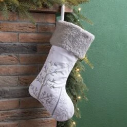 Glitzhome® 21" White Fleece With Christmas Tree & Snowflake Stocking 12 Glitzhome® 21" White Fleece With Christmas Tree & Snowflake Stocking -Christmas Designers Store D252959S 2