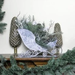 Northlight 9.5" Gray & Green Frosted Pinecone In Foliage Filled Tabletop Sleigh -Christmas Designers Store D253931S 13
