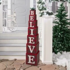 Glitzhome® 3.5ft. Wooden Plaid Believe Porch Décor -Christmas Designers Store D254160S 2