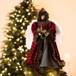 Glitzhome® 16" Red Plaid Faux Fur Angel Tree Topper -Christmas Designers Store D254165S 2