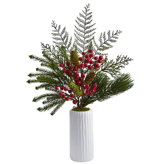 23" Mixed Pine, Pinecone & Berry Arrangement In White Vase 4 23" Mixed Pine, Pinecone & Berry Arrangement In White Vase - Image 2