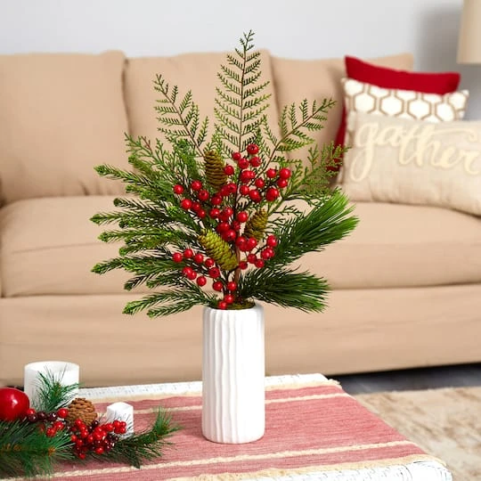 23" Mixed Pine, Pinecone & Berry Arrangement In White Vase 6 23" Mixed Pine, Pinecone & Berry Arrangement In White Vase - Image 4