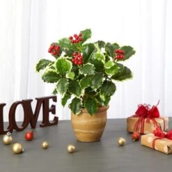 14" Variegated Holly Plant In Ceramic Planter 9 14" Variegated Holly Plant In Ceramic Planter -Christmas Designers Store D262456S 3