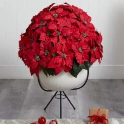 3ft. Red Grand Poinsettia Arrangement In White Vase With Metal Stand -Christmas Designers Store D292863S 14