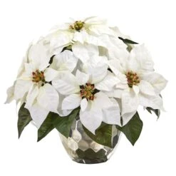 14" White Poinsettia Arrangement In Designer Silver Bowl