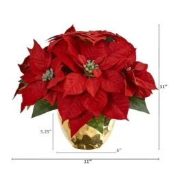 11" Red Poinsettia Arrangement In Golden Vase -Christmas Designers Store D292878S 12