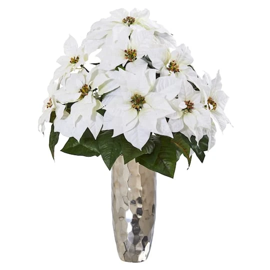 27" White Poinsettia Arrangement In Silver Cylinder Vase 4 27" White Poinsettia Arrangement In Silver Cylinder Vase - Image 2