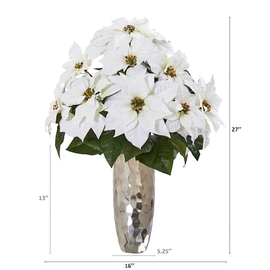 27" White Poinsettia Arrangement In Silver Cylinder Vase 5 27" White Poinsettia Arrangement In Silver Cylinder Vase - Image 3