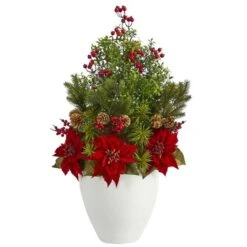 2.5ft. Poinsettia, Boxwood & Succulent Arrangement In White Vase -Christmas Designers Store D322362S 1 1
