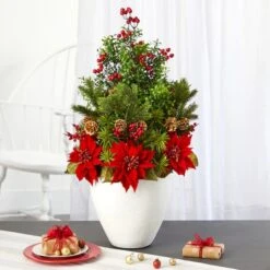 2.5ft. Poinsettia, Boxwood & Succulent Arrangement In White Vase -Christmas Designers Store D322362S 3