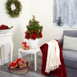 2.5ft. Poinsettia, Boxwood & Succulent Arrangement In White Vase -Christmas Designers Store D322362S 4