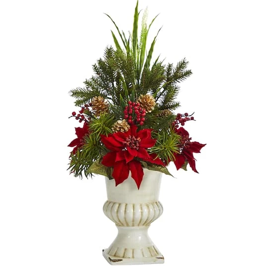2ft. Poinsettia, Grass & Succulent Arrangement In White Urn 3 2ft. Poinsettia, Grass & Succulent Arrangement In White Urn