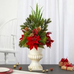 2ft. Poinsettia, Grass & Succulent Arrangement In White Urn 9 2ft. Poinsettia, Grass & Succulent Arrangement In White Urn -Christmas Designers Store D322363S 3