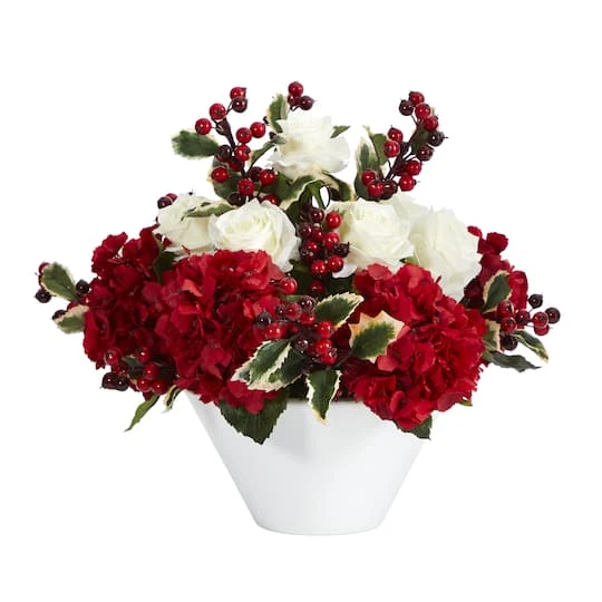 15" Rose, Hydrangea & Holly Berry Arrangement In White Vase 3 15" Rose, Hydrangea & Holly Berry Arrangement In White Vase