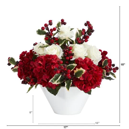15" Rose, Hydrangea & Holly Berry Arrangement In White Vase 5 15" Rose, Hydrangea & Holly Berry Arrangement In White Vase - Image 3