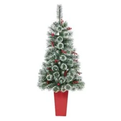4ft. Pre-Lit Potted Frosted Swiss Pine Artificial Christmas Tree With Berries, Clear LED Lights -Christmas Designers Store D322575S 3